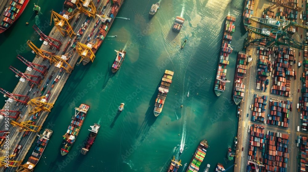 Aerial view of busy port with colorful container ships, cranes unloading goods, and vibrant atmosphere showcasing global trade intensity.