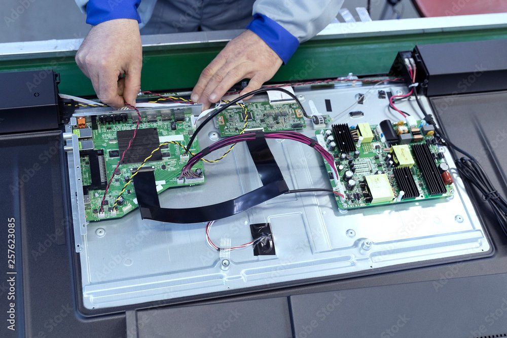 Close-up of the TV assembly line at the factory