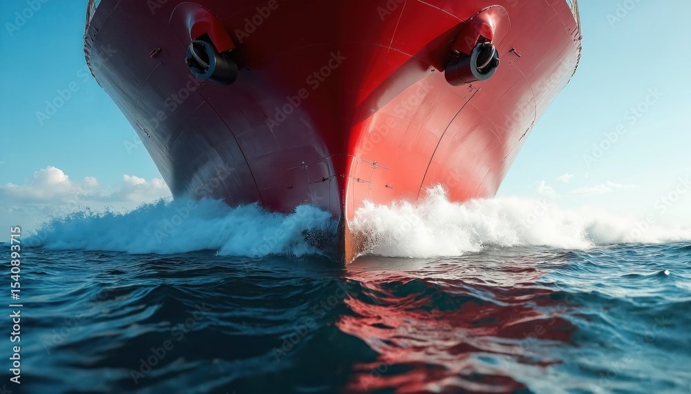 Large red ship sails through ocean waves. Transportation vessel cuts through blue water, creates splash. Maritime industry, travel, navigation concept, day time sunny sky.